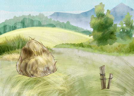 Watercolor landscape without people. A haystack against a background of mountains, fields and trees. Dry warm weather, rural landscape, travel theme, ecology, vacation. Wild nature, clean planet.の写真素材