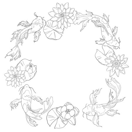 Japanese carp swims among water lilies. View from above. Line drawing of koi fish. Frame in the form of a Japanese pond. space for text on packaging, invitations, cards, websites, etc. vector image.のイラスト素材