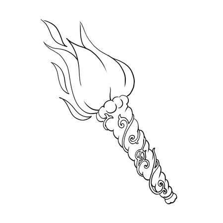 Linear drawing of an antique torch with flame in fantasy style. The torch is decorated with a floral pattern. For printing on objects, coloring books, website design. Hand drawn in vector format. Vector illustrationのイラスト素材