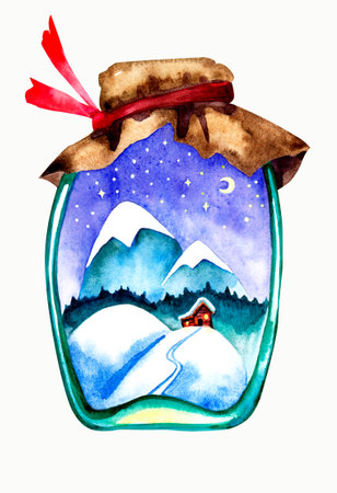 Winter landscape with mountains and forest under snow. House in the mountains at night and starry sky. Glass jar with a house inside. Watercolor illustration for printing stickers, clothing, postcardsの写真素材