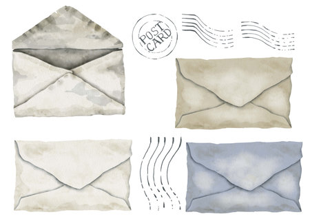 Watercolor illustration of four different paper envelopes. Ideal for greeting cards, logos, vintage-themed designs, apps, websites, communication-related content such as letters and personal messages.の写真素材