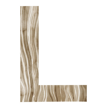 "L" Letter. Watercolor alphabet with wooden texture. Natural font for decorations, postcards, invitations. Perfect for scrapbooking, printing, education, services related to furniture or woodworking. High quality illustrationの写真素材