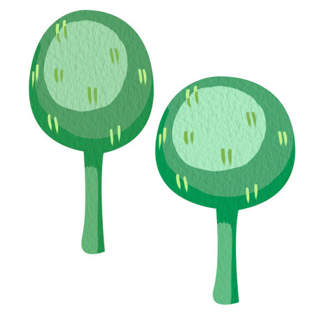 Clip art illustration of two very simple green trees. Minimalist childish illustration without a background for books or games. Rounded shape and short green trunk. Soft paper texture and lighting.の写真素材