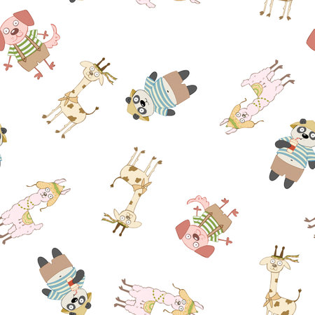 Seamless pattern of cartoon animals. Abstract childish stylized panda, dog, giraffe and alpaca without background. Perfect for printing on fabric, clothes, wallpaper, carpets, wrap paper packages, etcの写真素材