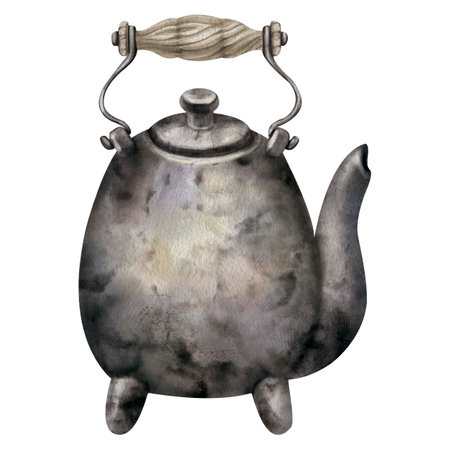 Old black teapot. Watercolor image for printing postcards, stickers and notebooks. For tea shops, cafes and tea drinking establishments, as well as tea products and tableware. High quality illustrationの写真素材