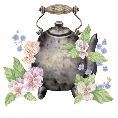 Old black teapot surrounded by violets and forget-me-nots. Cute image for printing postcards, notebooks. For tea shops, cafes and tea drinking establishments, as well as tea products and cutlery. High quality illustrationの写真素材