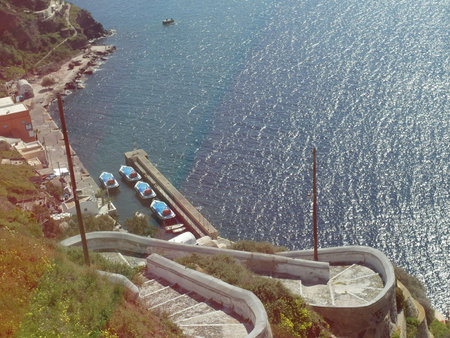 Winding Steps to Sea from inside cable carの写真素材