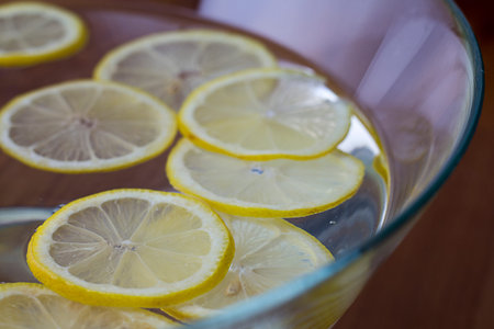 Lemon slices in a bowl of waterの写真素材