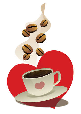 coffee cup and beans with red heart shape background のイラスト素材