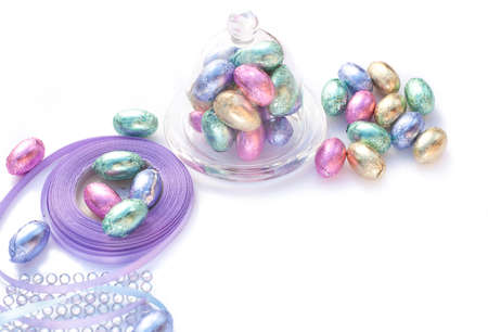 Handmade decoration with chocolate eggsの写真素材