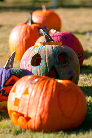 Painted And Carved Halloween Pumpkins Dry In Autumn Sunlightの写真素材