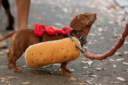 Atlanta, GA, USA - October 27, 2012:  A dachshund is dressed up like a hot dog for a Halloween dog...