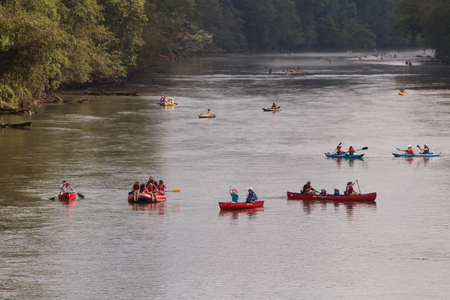 Atlanta, GA, USA - July 25, 2015:  People raft, kayak and canoe along the  Chattahoochee River on a hot summer day on July 25, 2015 in Atlanta, GA.のeditorial素材