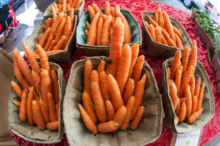 Several containers of carrots sit on sale at local farmers market.  の写真素材