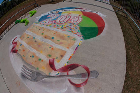 Lawrenceville, GA, USA - April 28, 2018:  Chalk art covers part of a sidewalk at a public park at the Lawrenceville Arts Fest on April 28, 2018 in Lawrenceville, GA.のeditorial素材