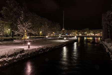 Night in the town of Filipstad, Sweden december, 2017の写真素材