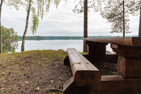 rest area table near a lake in Filipstadの写真素材