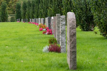Line of gravestones and flowers in a Swedish cemetery