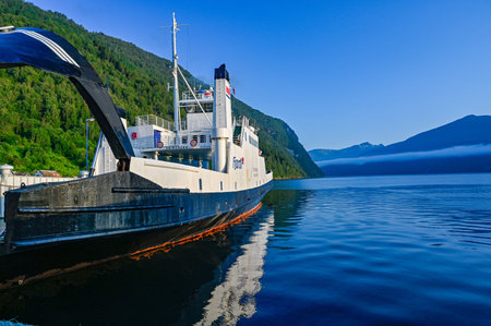 12 july 2019 Ferry in Eidsdal harbor Norway early morningのeditorial素材