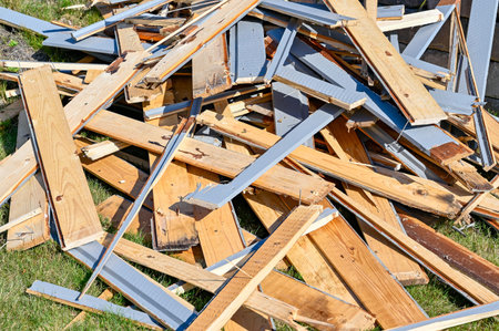 debris of wooden planks in a pile