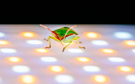 Illuminated green stink bug walking on led light