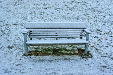 parkbench in public park a cold day in decemberの写真素材