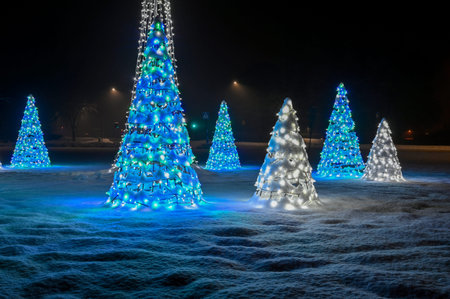 public illuminated christmas decorations standing in snow