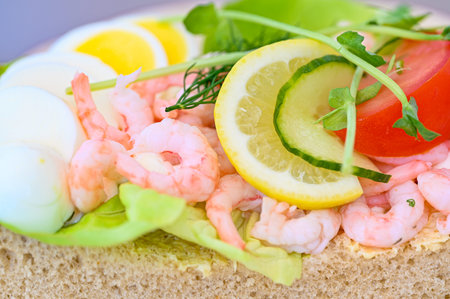 fresh shrimp sandwich with egg mayonnaise and vegetablesの写真素材