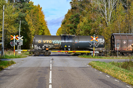 crossroad with trainset passing over asphalt roadのeditorial素材