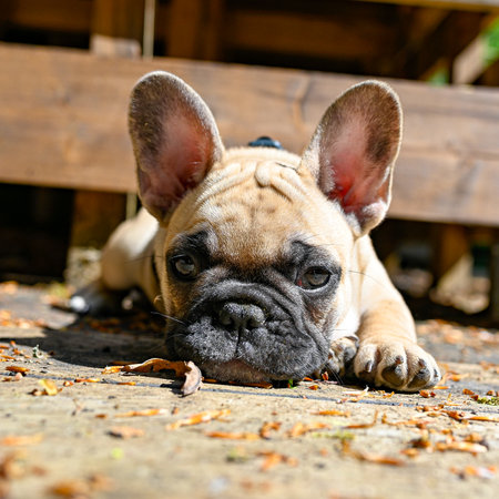 Small cute puppy French bulldog out for a walkの写真素材