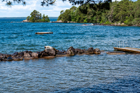 Overlooking lake with raft and jetty with ladder for bathingの写真素材