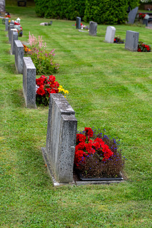 Graveyard with grave stones in rows and flowersの写真素材