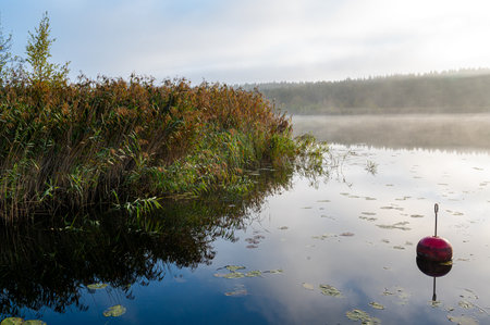Red buoy for mooring boat in calm waterの写真素材