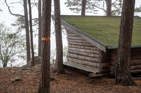 Shelter near lake Vattern near Ostgota trail Motala Swedenの写真素材