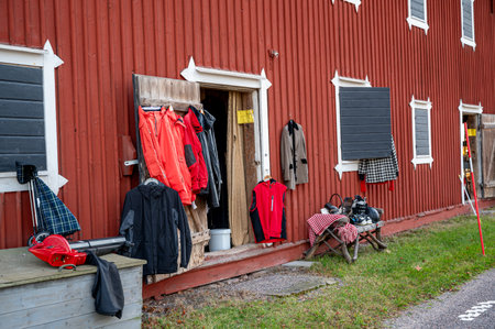 Flea market in old red wooden barnの写真素材