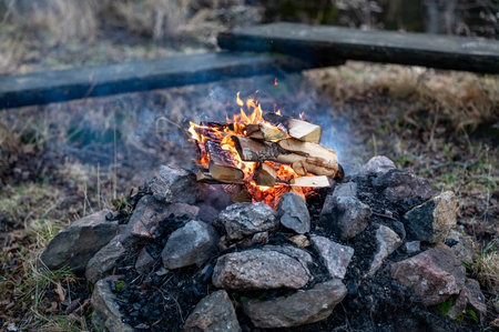 Fire with open flames and wooden benchesの写真素材