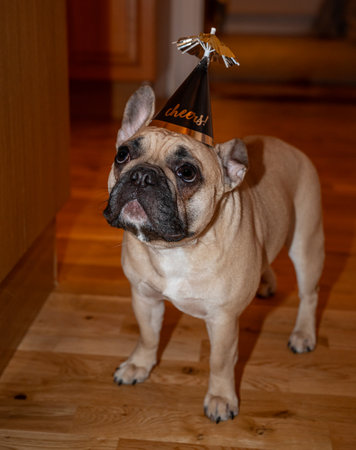 Party hat on dog on new yearの写真素材