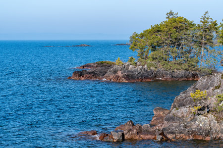Looking out over island in lake Vattern Swedenの写真素材