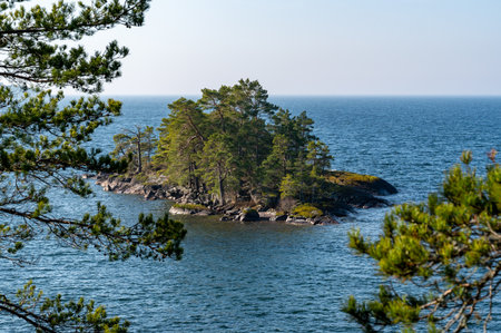 Looking out over island in lake Vattern Swedenの写真素材