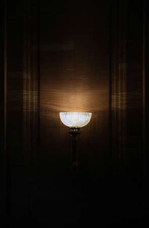 One lamp shining on a dark wall.の写真素材