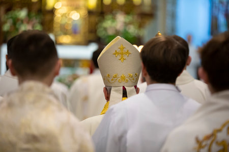 Bishop during church ceremonies in the church, in a large church