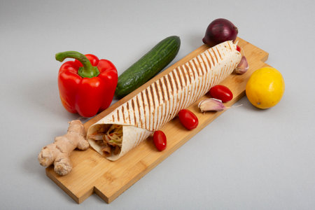 Doner kebab on cutting board with vegetables on gray backgroundの写真素材