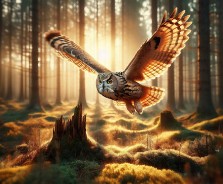 Owl flying in the forest at sunrise. 3D rendering.の写真素材
