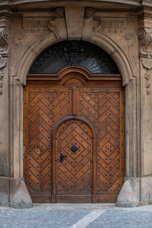 Wooden door in the historic center of Prague, Czech Republic.の写真素材