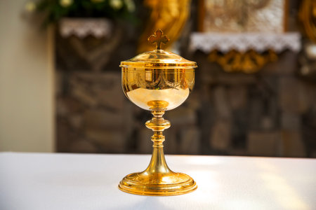 golden chalice on the altar in the Catholic Church.の写真素材