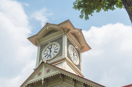 Sapporo city clock tower and blue sky in summer at hokkaidoの写真素材