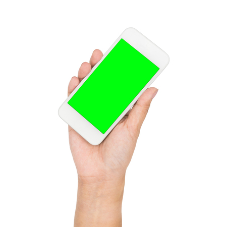 Girl hand holding mobile phone with green screen isolated on whiteの写真素材