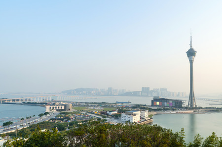 Macau tower and cityscape in evening at macau chinaの写真素材