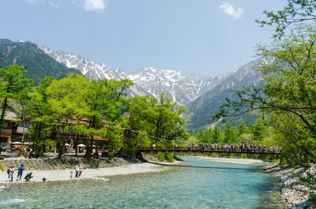 Nagano, Japan - May 21, 2016: Kappa bridge is the famous place in kamikochi national park. Many tourists  sightseeing and taking a pictureのeditorial素材