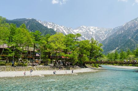 Nagano, Japan - May 21, 2016: Kappa bridge is the famous place in kamikochi national park. Many tourists  sightseeing and taking a pictureのeditorial素材
